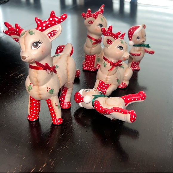 6 Vintage Ceramic Kimple Mold Hand Painted Quilted Bear/ Reindeer Figurines - Picture 2 of 13
